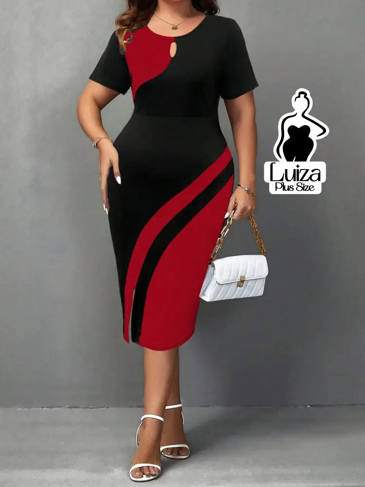 Vestido Midi Bicolor Manga Curta Detalhe Em Argola Plus Size