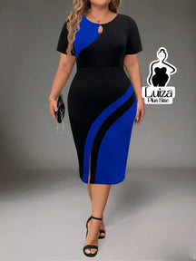 Vestido Midi Bicolor Manga Curta Detalhe Em Argola Plus Size