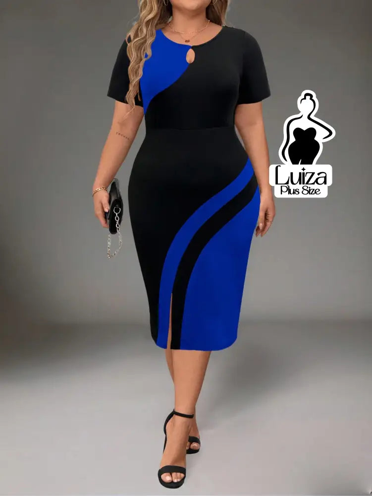 Vestido Midi Bicolor Manga Curta Detalhe Em Argola Plus Size