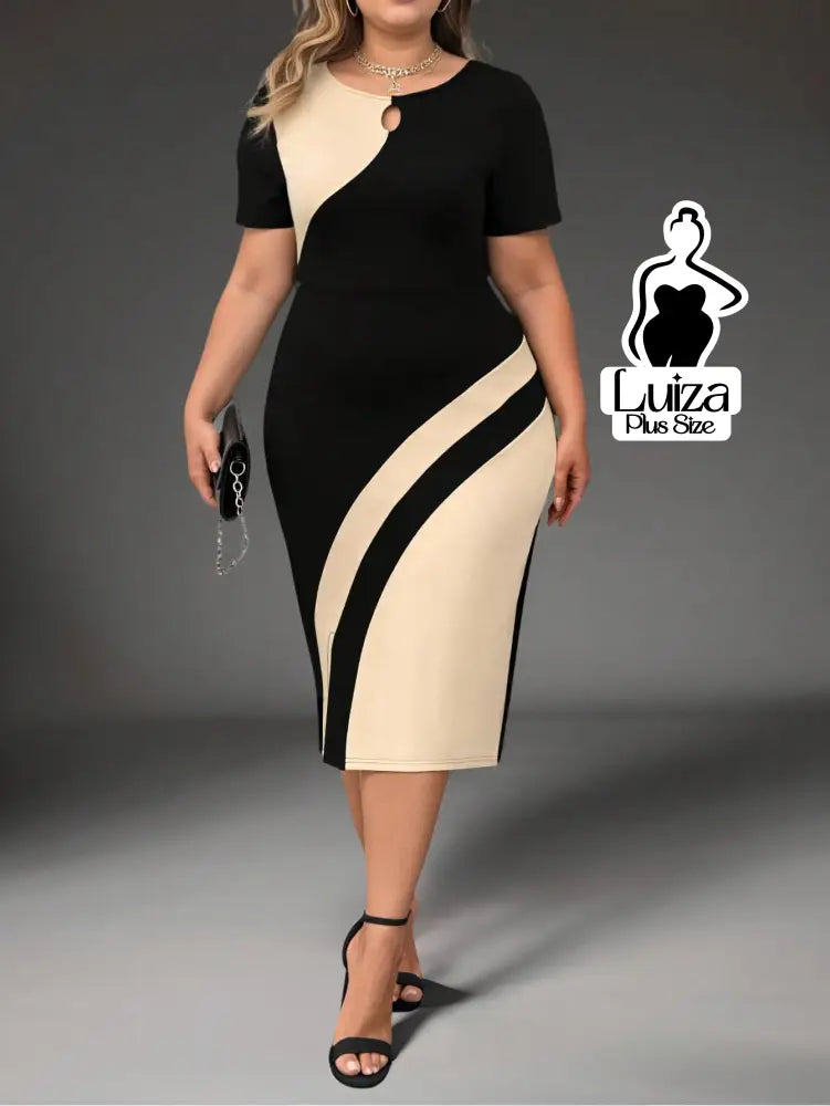 Vestido Midi Bicolor Manga Curta Detalhe Em Argola Plus Size