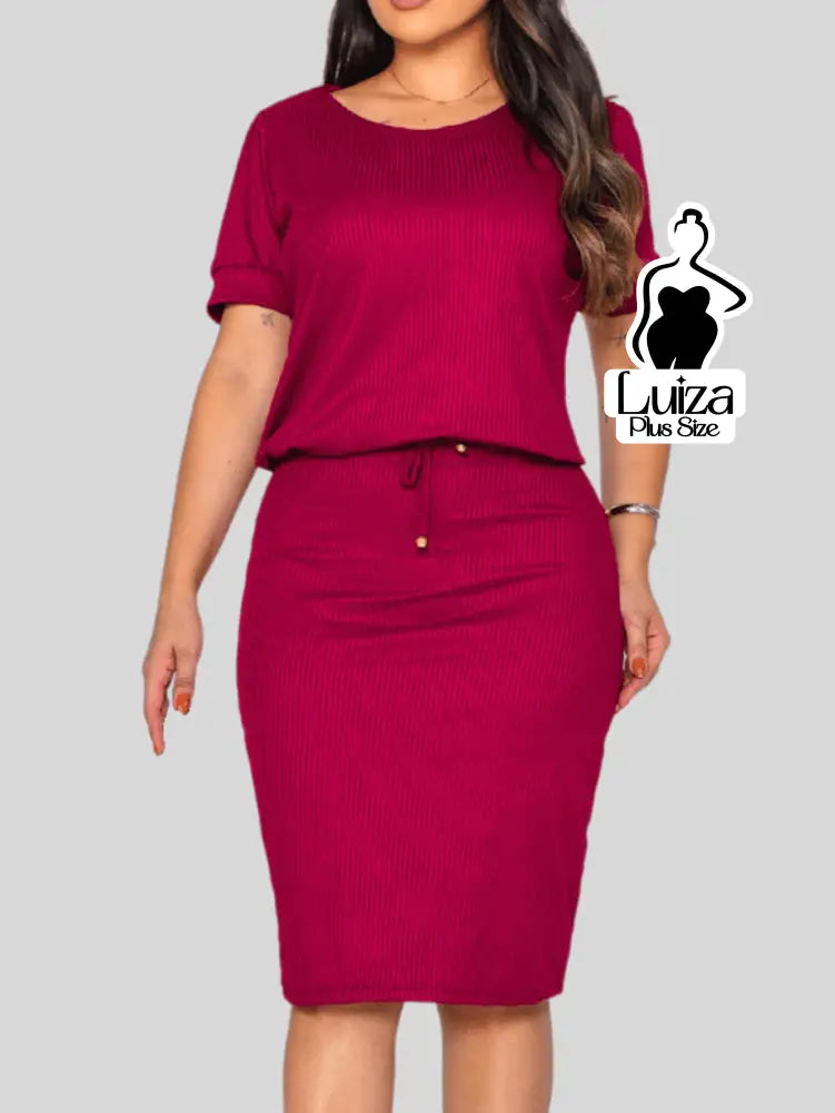 Vestido Midi Canelado Amarração Na Cintura Plus Size