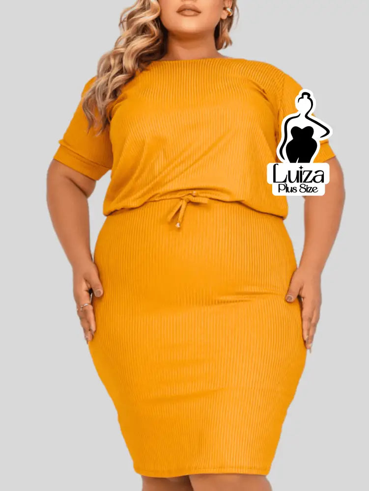 Vestido Midi Canelado Amarração Na Cintura Plus Size