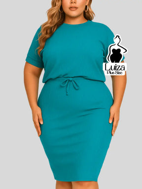 Vestido Midi Canelado Amarração Na Cintura Plus Size