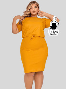 Vestido Midi Canelado Amarração Na Cintura Plus Size