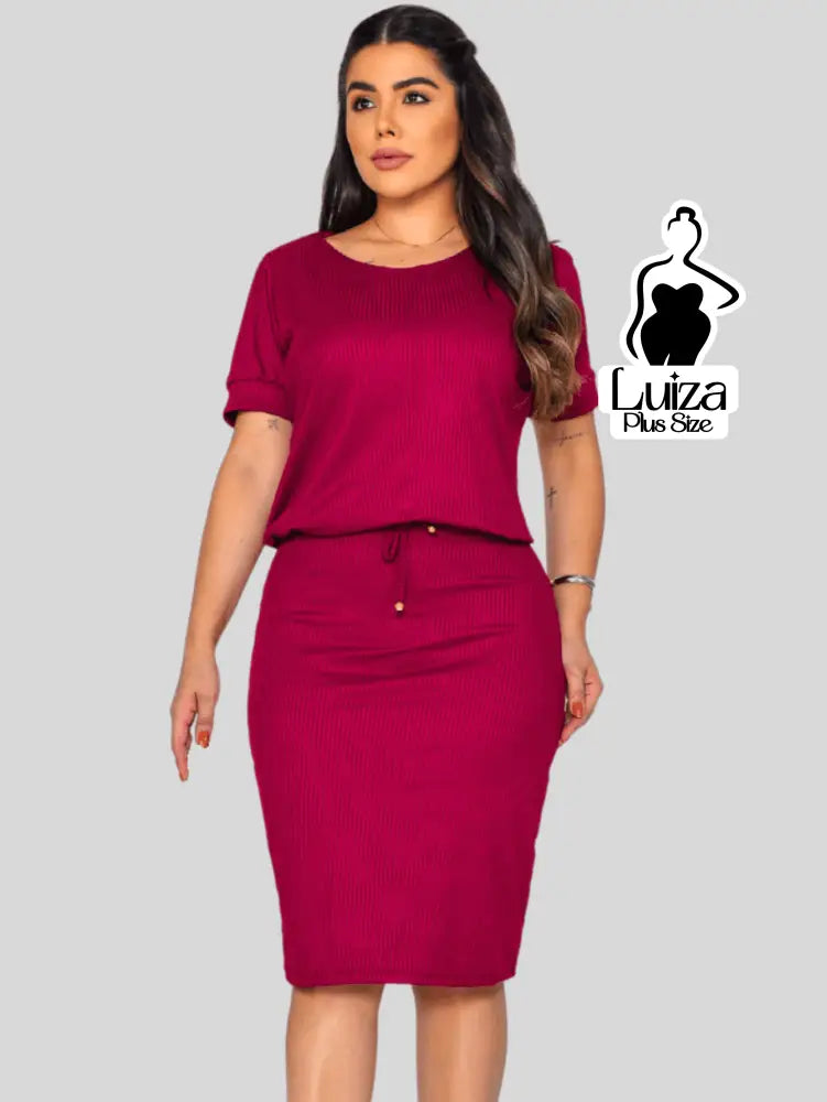 Vestido Midi Canelado Amarração Na Cintura Plus Size
