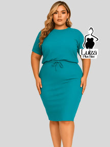 Vestido Midi Canelado Amarração Na Cintura Plus Size