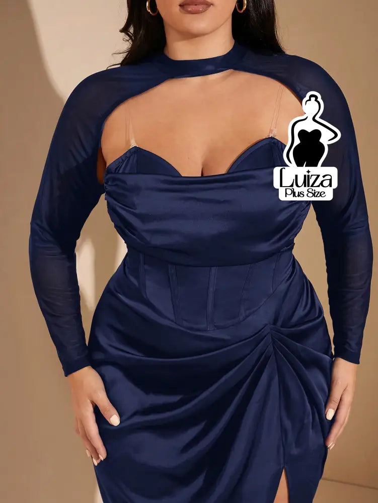 Vestido Midi Corset Manga Tule Fenda Lateral Plus Size