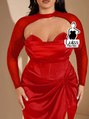 Vestido Midi Corset Manga Tule Fenda Lateral Plus Size