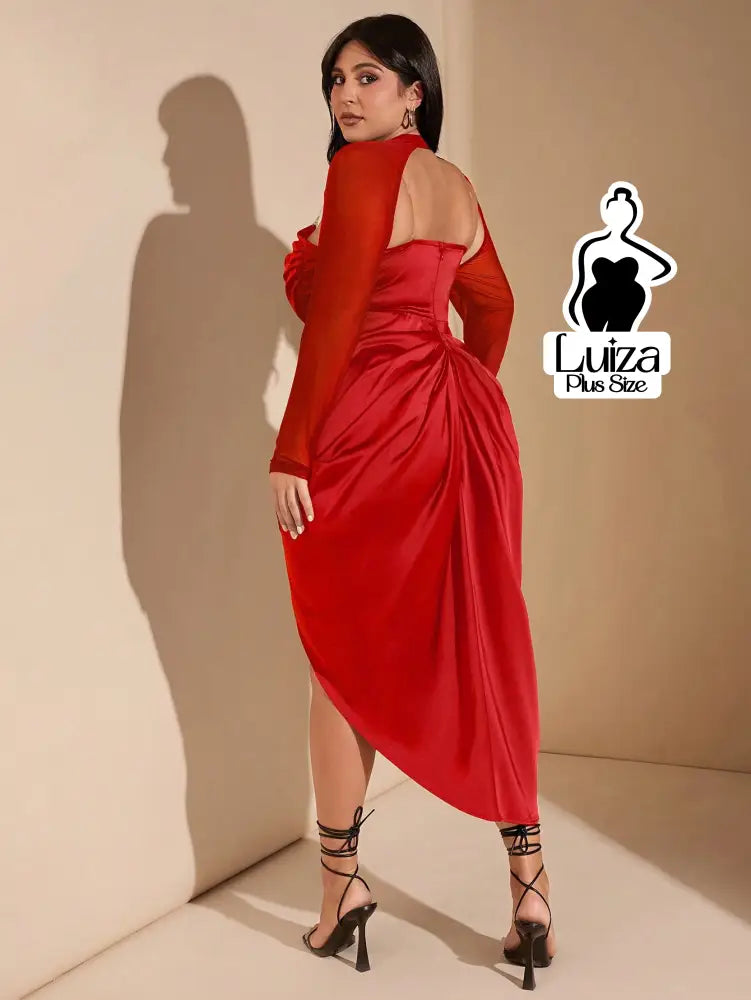 Vestido Midi Corset Manga Tule Fenda Lateral Plus Size