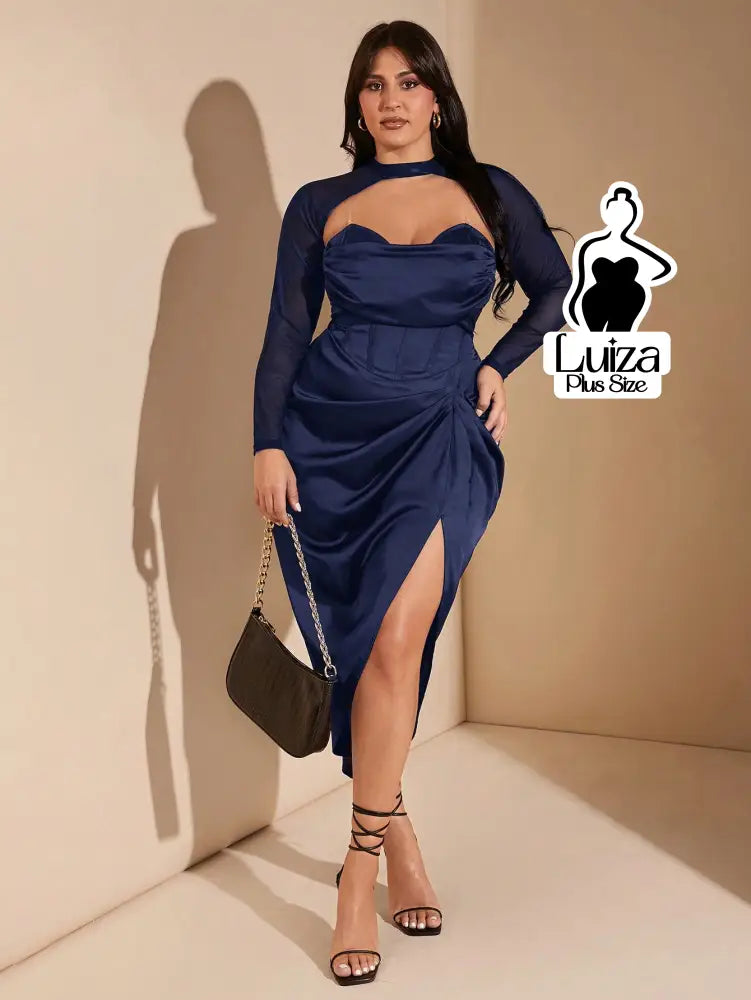 Vestido Midi Corset Manga Tule Fenda Lateral Plus Size