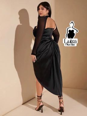 Vestido Midi Corset Manga Tule Fenda Lateral Plus Size