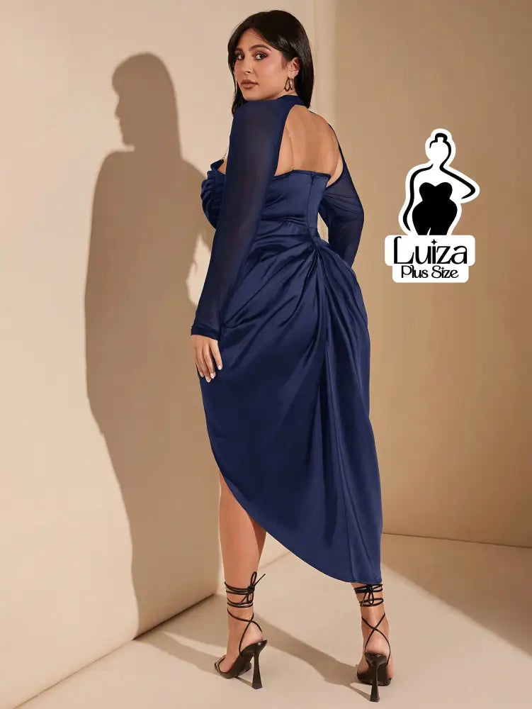 Vestido Midi Corset Manga Tule Fenda Lateral Plus Size