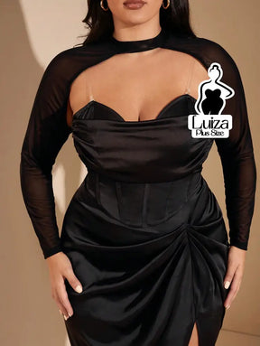 Vestido Midi Corset Manga Tule Fenda Lateral Plus Size