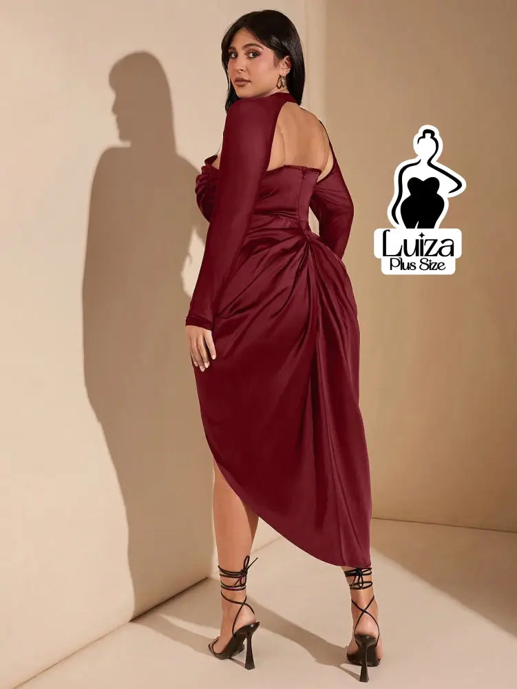 Vestido Midi Corset Manga Tule Fenda Lateral Plus Size