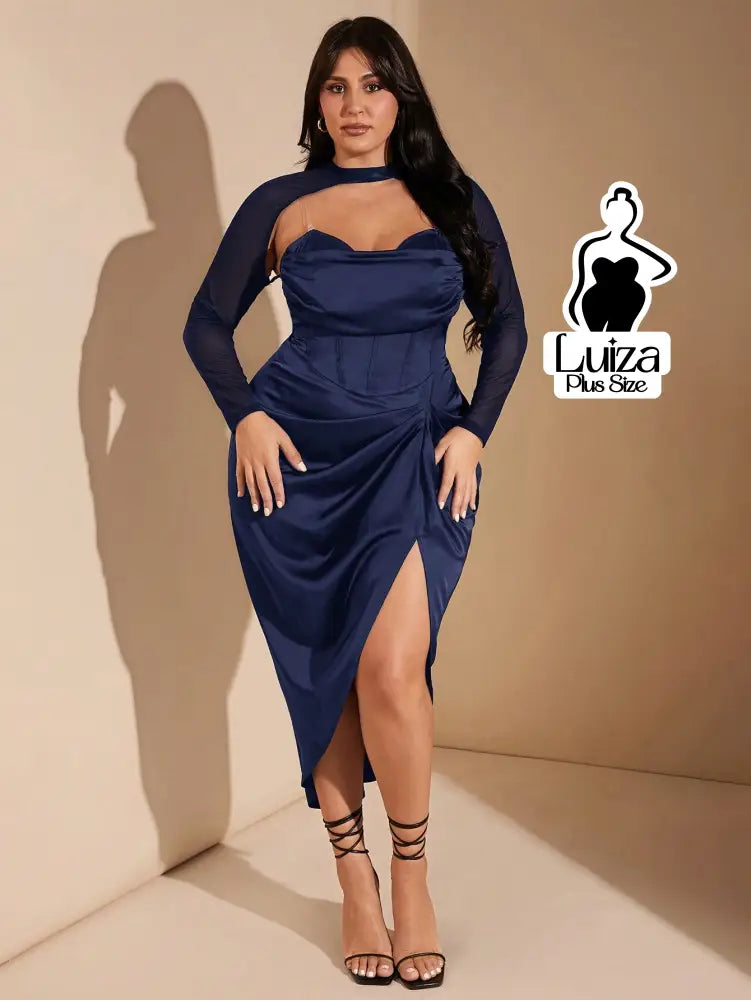 Vestido Midi Corset Manga Tule Fenda Lateral Plus Size