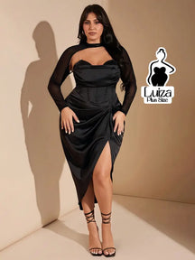 Vestido Midi Corset Manga Tule Fenda Lateral Plus Size