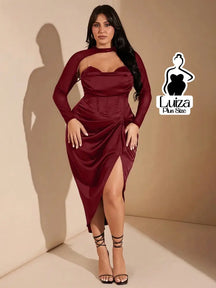 Vestido Midi Corset Manga Tule Fenda Lateral Plus Size