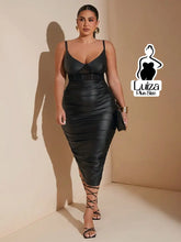 Vestido Midi Couro Sintético Decote V Drapeado Plus Size