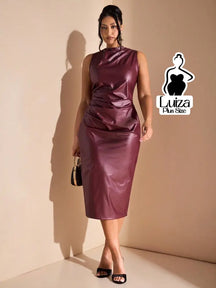 Vestido Midi Couro Sintético Drapeado Na Cintura Plus Size