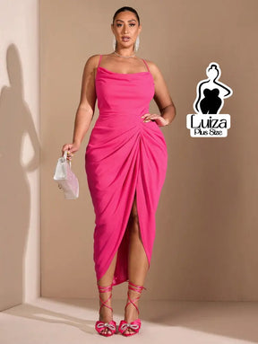 Vestido Midi Decote Drapeado Fenda Frontal Elegante Plus Size