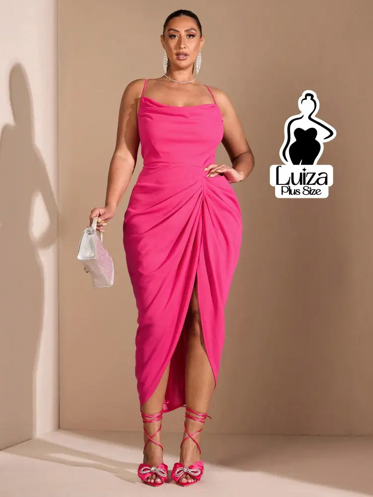 Vestido Midi Decote Drapeado Fenda Frontal Elegante Plus Size