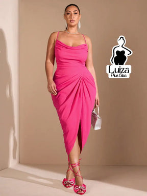 Vestido Midi Decote Drapeado Fenda Frontal Elegante Plus Size