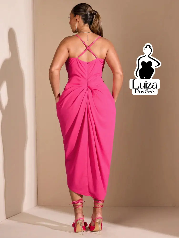Vestido Midi Decote Drapeado Fenda Frontal Elegante Plus Size