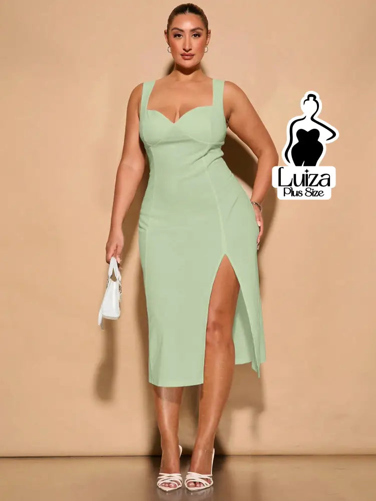 Vestido Midi Fenda Lateral Alças Largas Elegante Plus Size