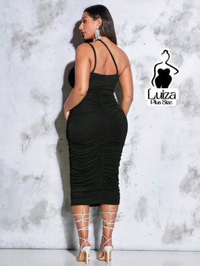 Vestido Midi Justo Alças Finas Drapeado Elegante Plus Size
