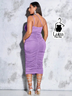 Vestido Midi Justo Alças Finas Drapeado Elegante Plus Size