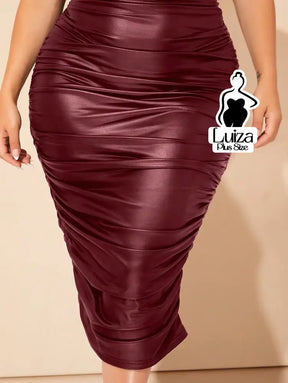 Vestido Midi Justo Couro Sintético Drapeado Plus Size