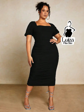 Vestido Midi Justo Decote Quadrado Manga Bufante Plus Size