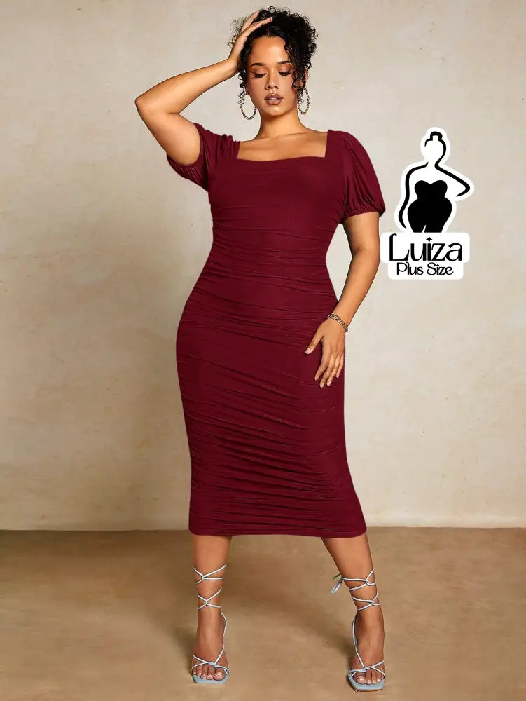 Vestido Midi Justo Decote Quadrado Manga Bufante Plus Size