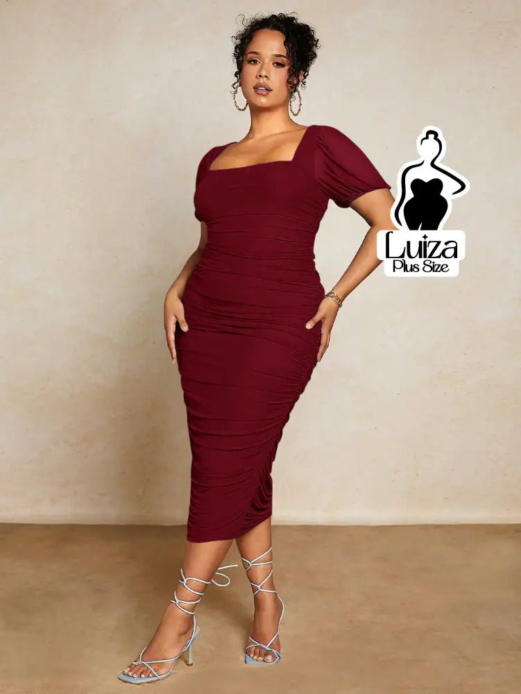 Vestido Midi Justo Decote Quadrado Manga Bufante Plus Size