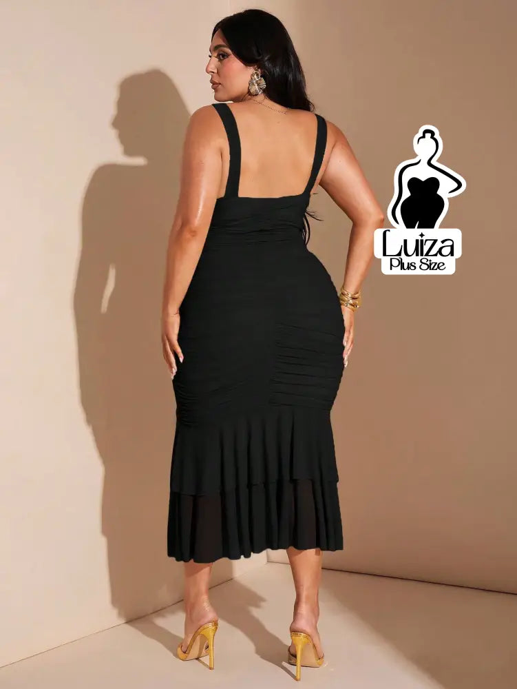 Vestido Midi Justo Detalhe Drapeado Saia Plissada Plus Size