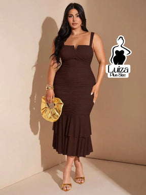 Vestido Midi Justo Detalhe Drapeado Saia Plissada Plus Size