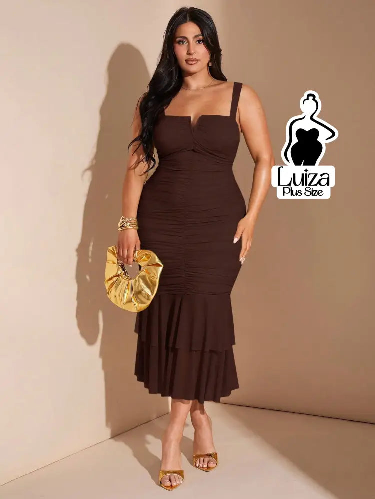 Vestido Midi Justo Detalhe Drapeado Saia Plissada Plus Size