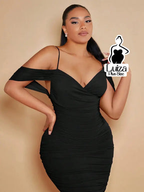 Vestido Midi Justo Ombro Caído Decote Elegante Plus Size