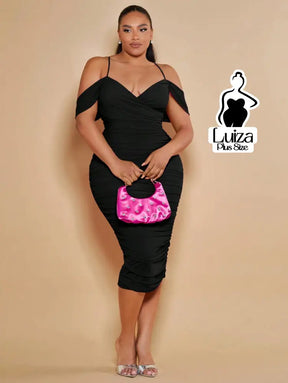Vestido Midi Justo Ombro Caído Decote Elegante Plus Size