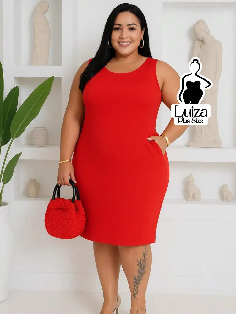 Vestido Midi Justo Sem Mangas Decote Quadrado Plus Size