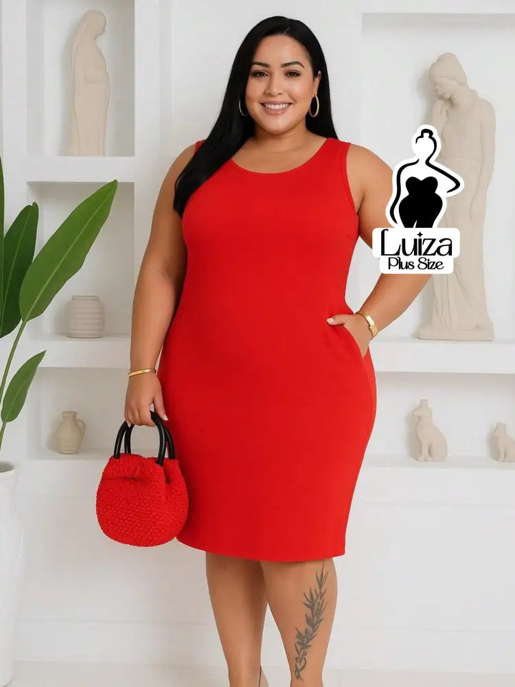 Vestido Midi Justo Sem Mangas Decote Quadrado Plus Size