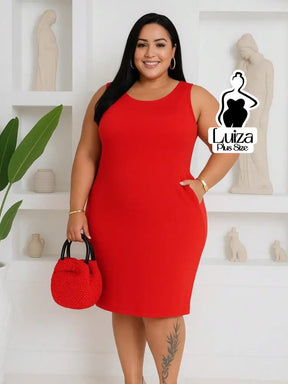 Vestido Midi Justo Sem Mangas Decote Quadrado Plus Size