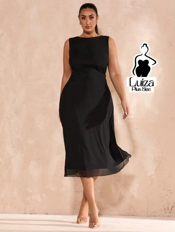 Vestido Midi Minimalista Sem Mangas Elegante Plus Size