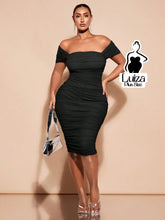 Vestido Midi Ombro A Ombro Justo Drapeado Plus Size