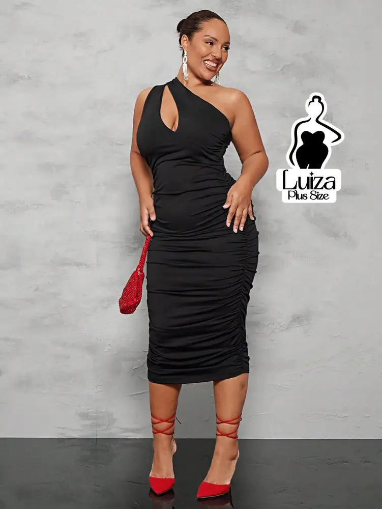 Vestido Midi Um Ombro Só Recorte Drapeado Elegante Plus Size