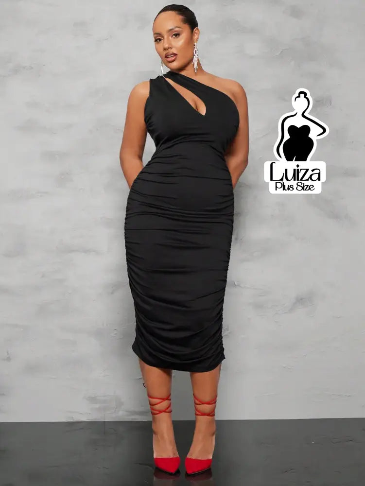 Vestido Midi Um Ombro Só Recorte Drapeado Elegante Plus Size